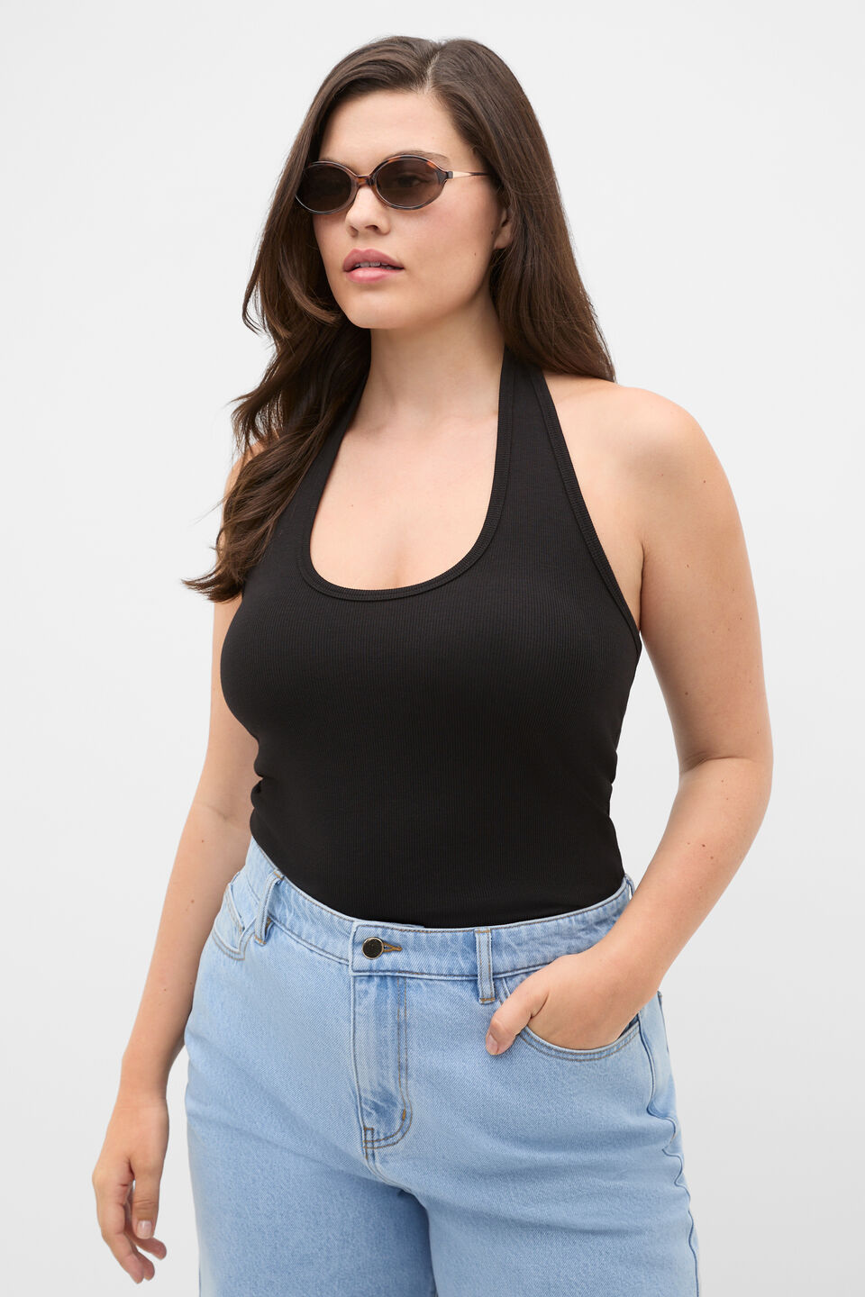 Halter Rib Scoop Neck Tank  Black