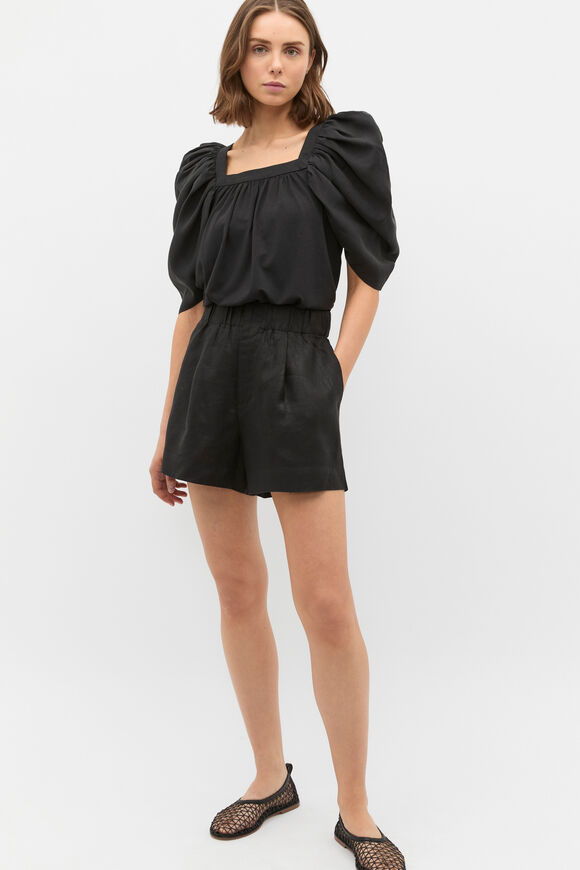 Square Neck Gathered Sleeve Top  Black  hi-res