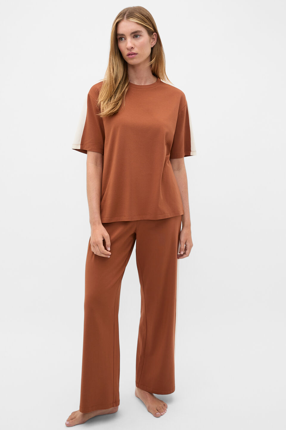 Contrast T-Shirt and Pant PJ Set  Biscoff