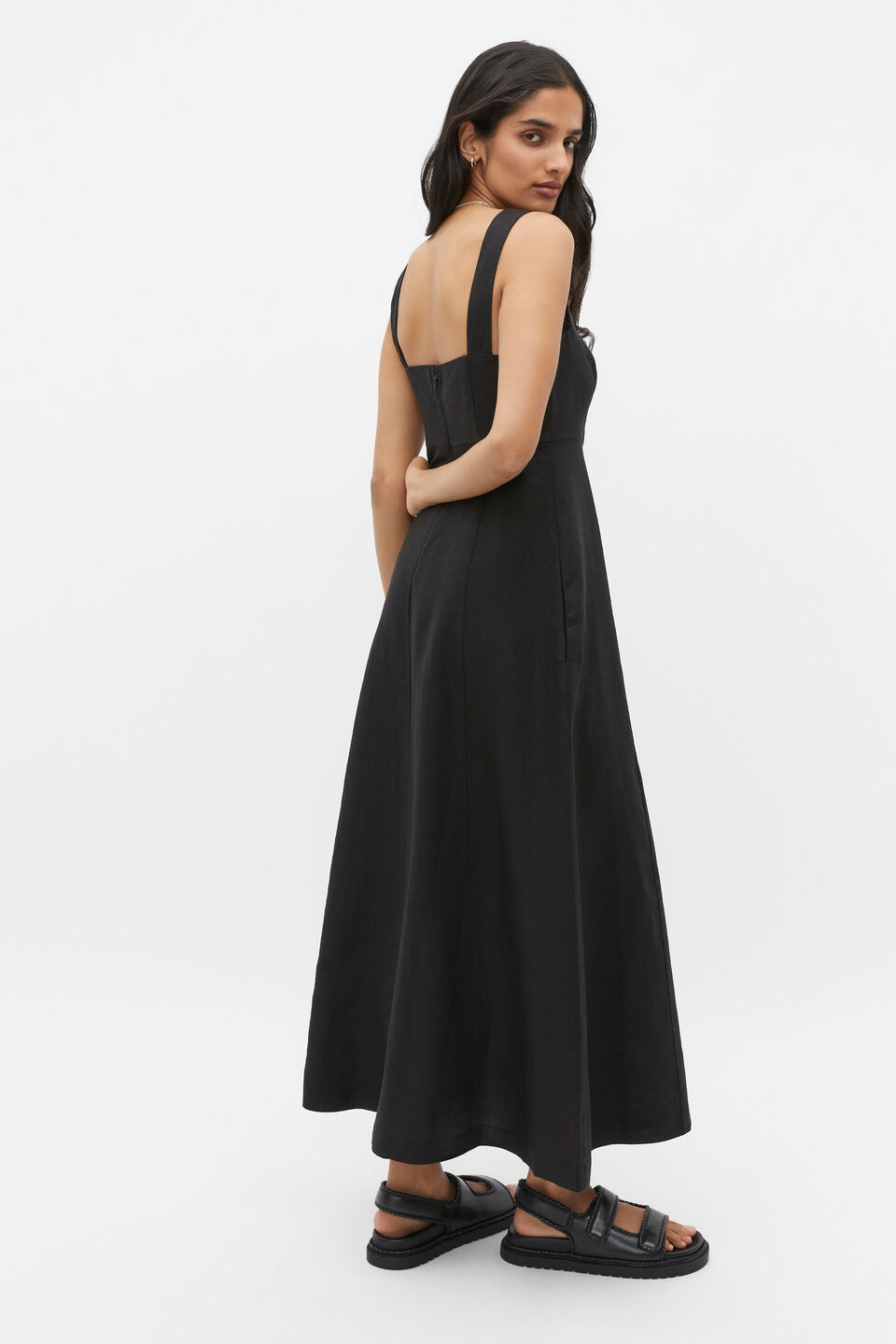 Linen Square Neck Sun Dress  Black