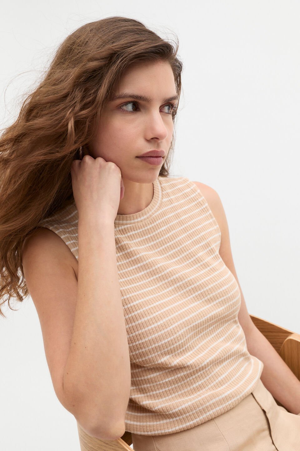 Stripe Textured Shell Top  Ecru Stripe