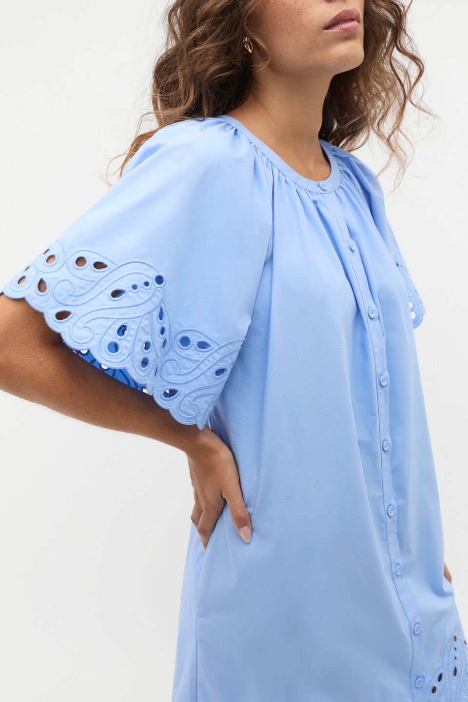 Poplin Broderie Mini Dress  Cornflower Blue