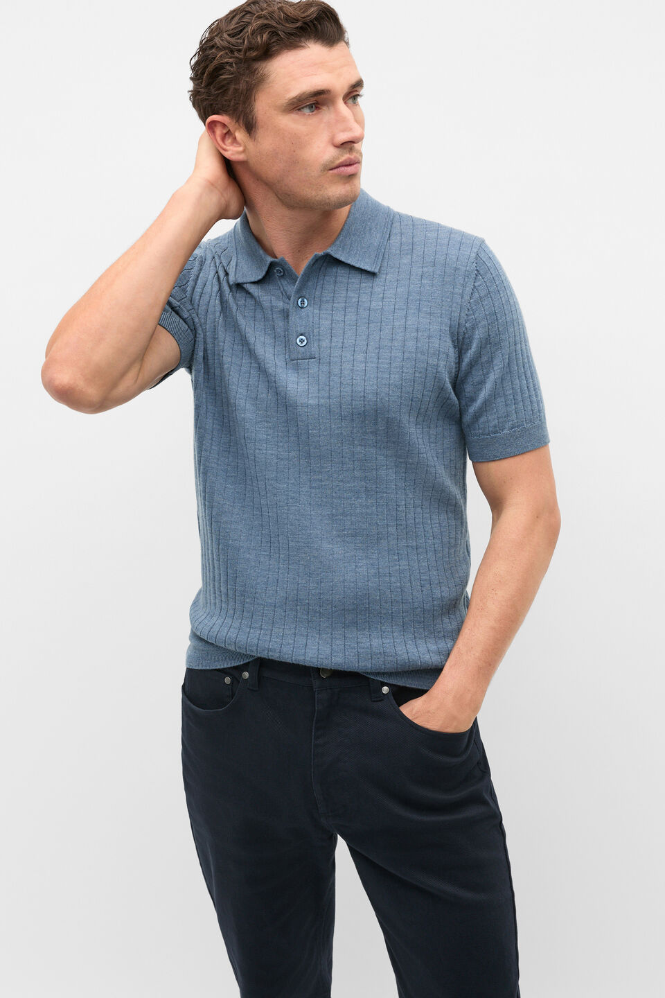 Short Sleeve Merino Knit Polo  Storm Blue