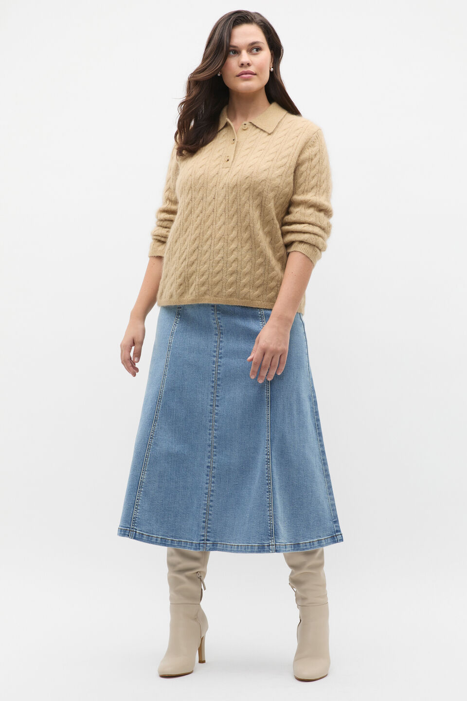 Cable Detail Knit Polo  Cashew Marle