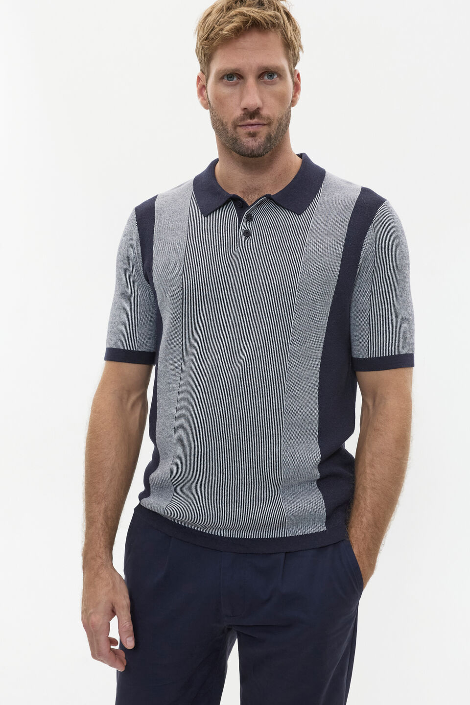 Micro Stripe Knit Polo  Midnight Blue Stripe