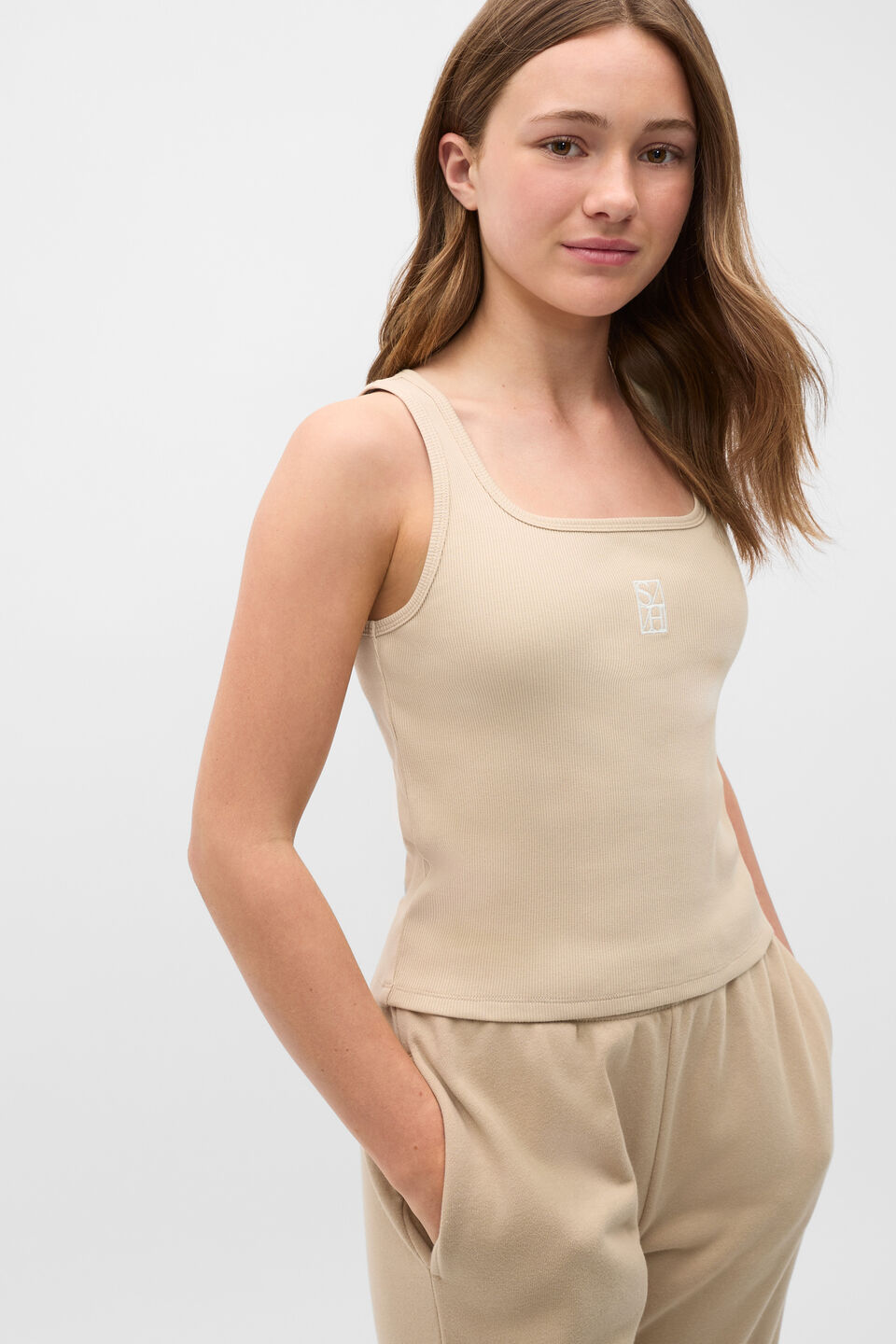 Square Neck Logo Tank  Sandstone