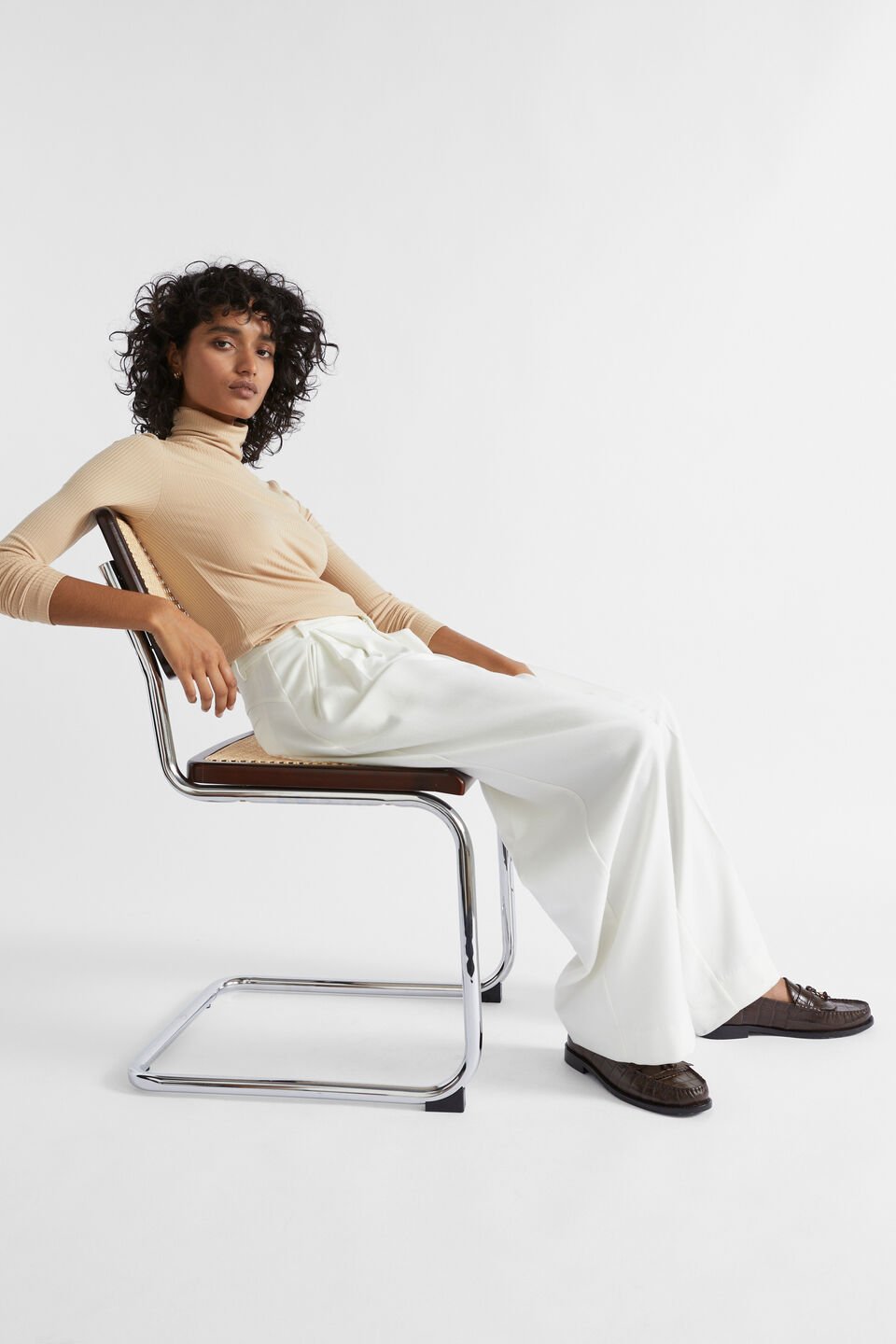 Core Rib Roll Neck Top  Champagne Beige