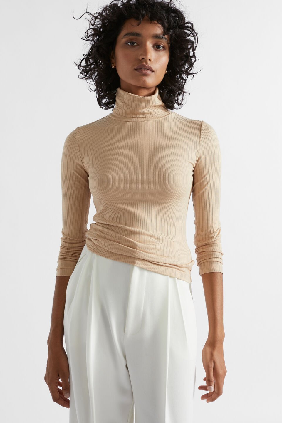 Core Rib Roll Neck Top  Champagne Beige
