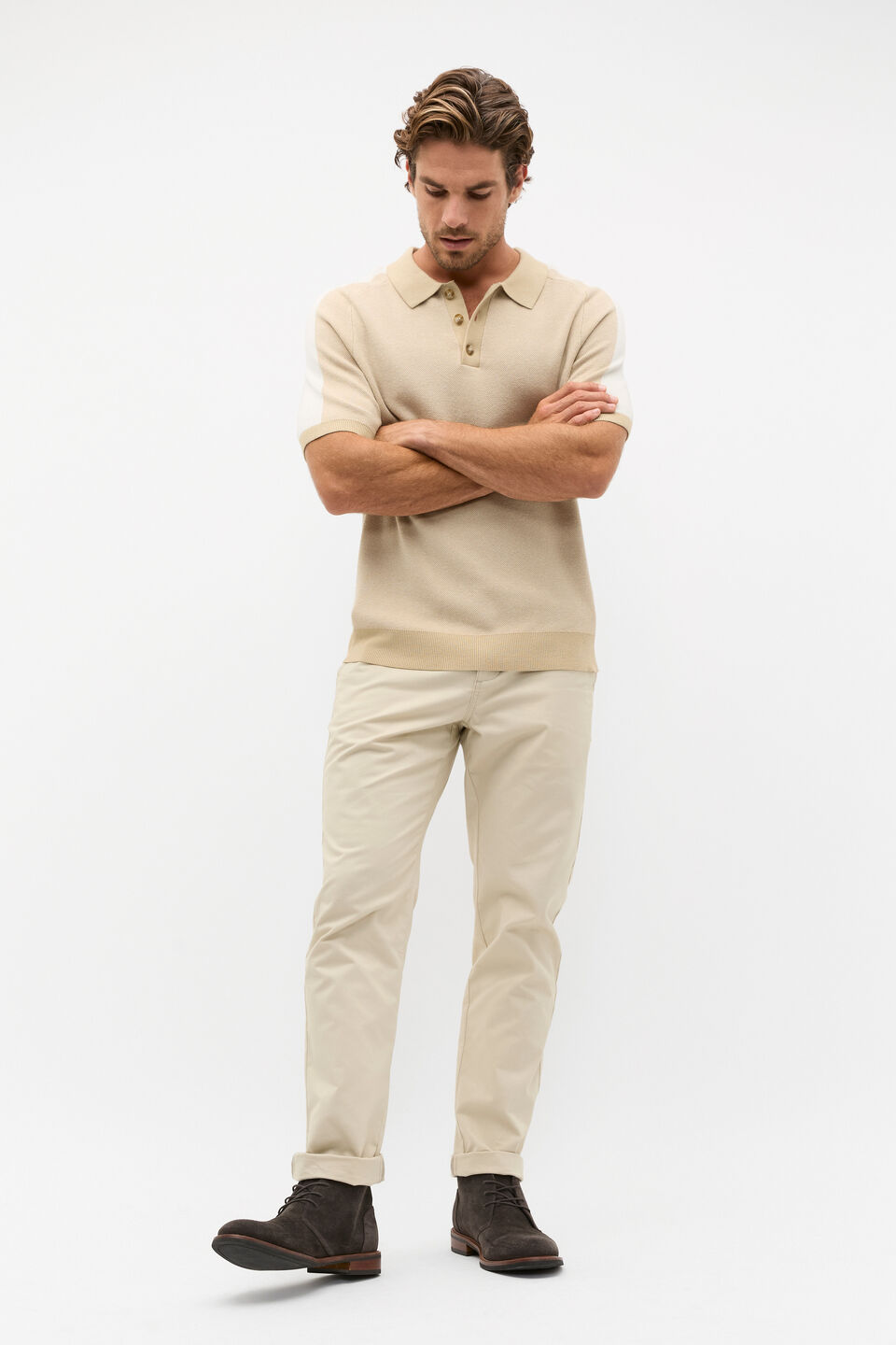 Colourblock Knit Polo  Cashew Marle