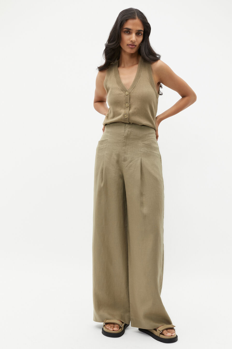 Linen High Rise Pleat Pant  Rosemary
