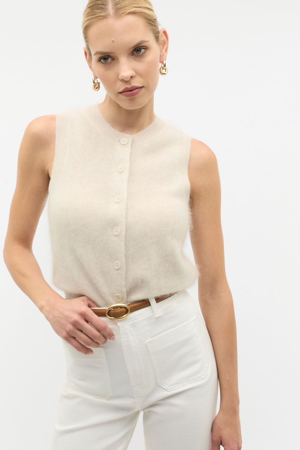 Brushed Cashmere Button Vest  Oat Marle