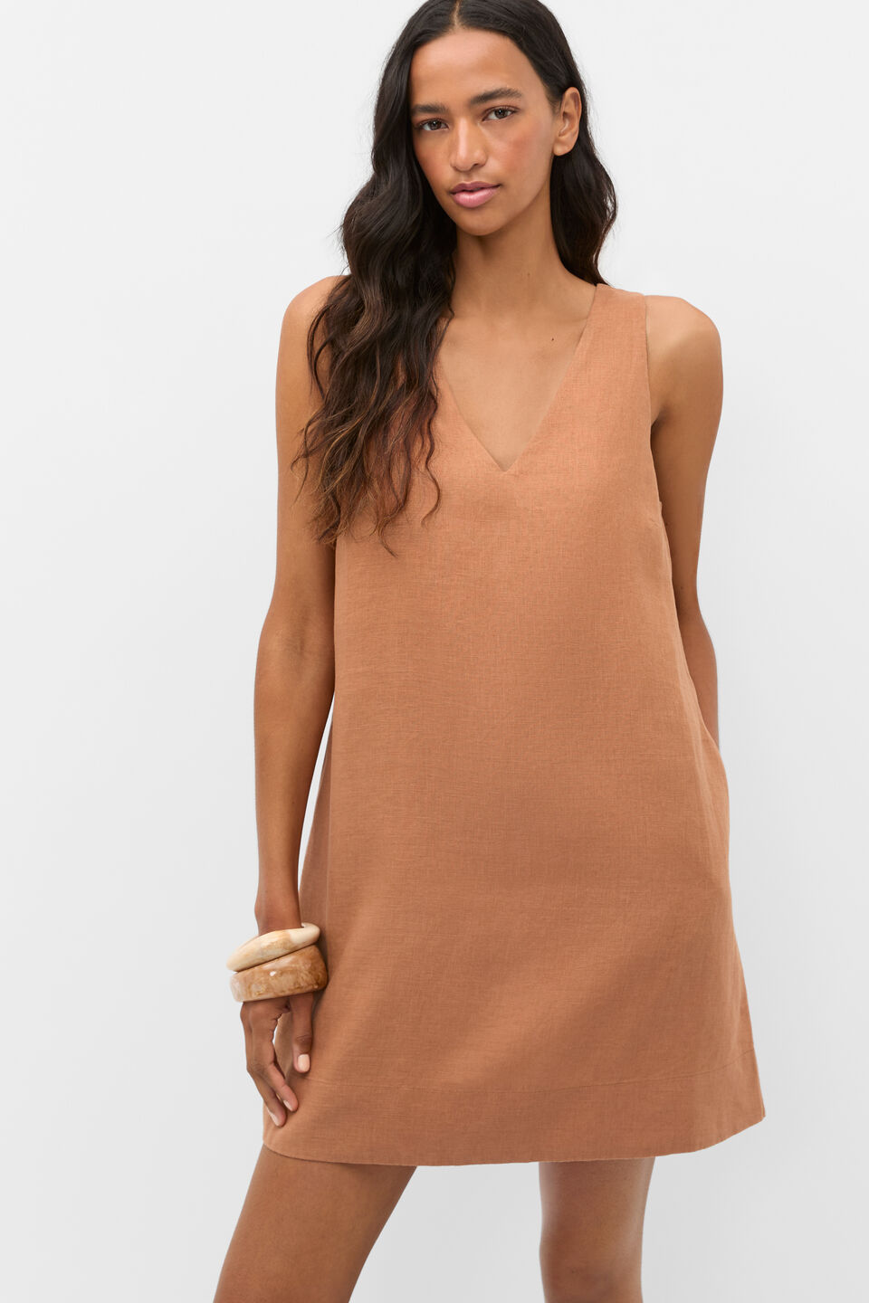 Linen V Neck Mini Dress  Copper