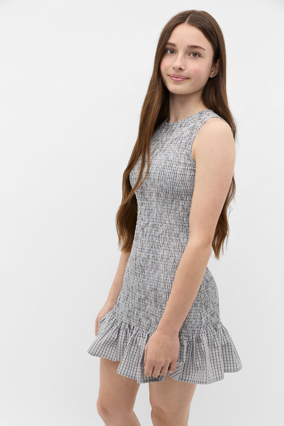 Shirred Check Dress  Grey Check