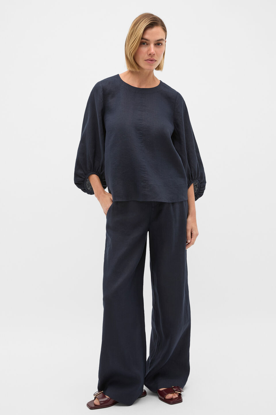 Core Linen Balloon Sleeve Top  Twilight Blue