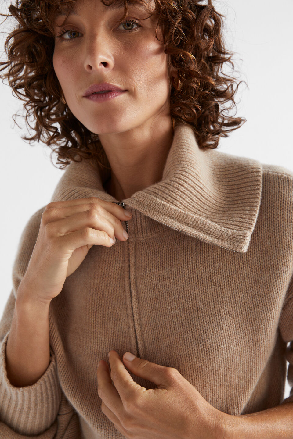 Merino Wool Funnel Neck Knit  Champagne Beige Marle