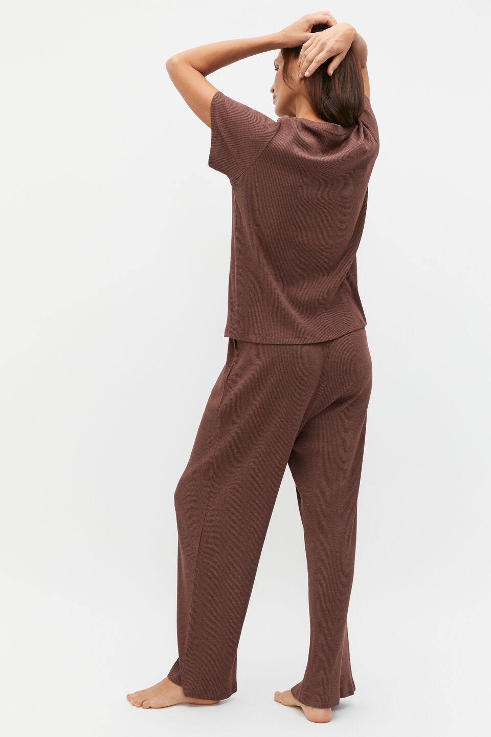 Ribbed Short Sleeve Tee And Pant PJ Set  Claret Marle