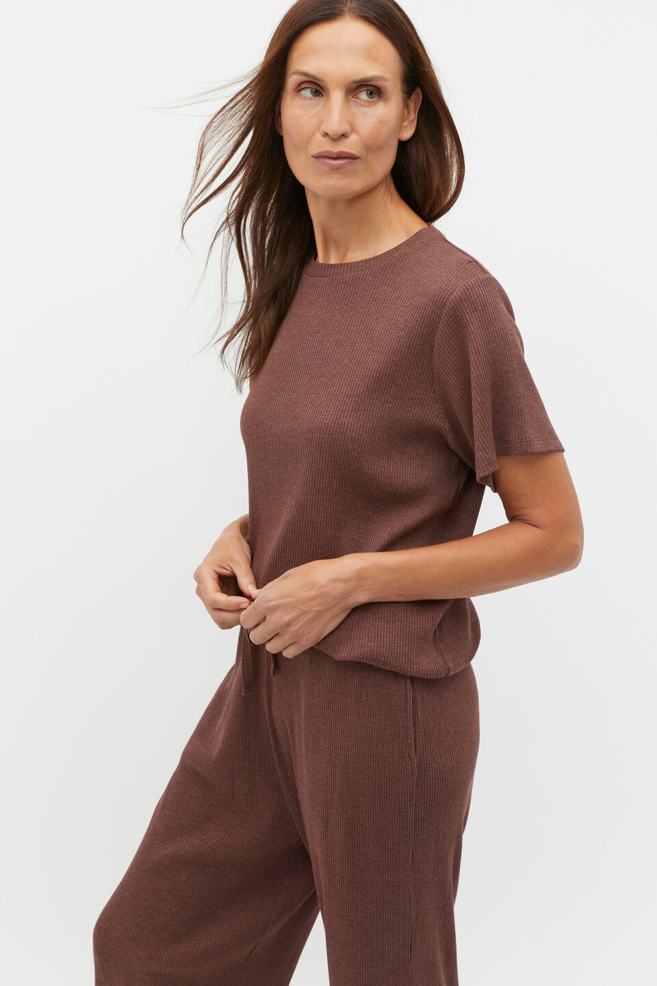 Ribbed Short Sleeve Tee And Pant PJ Set  Claret Marle