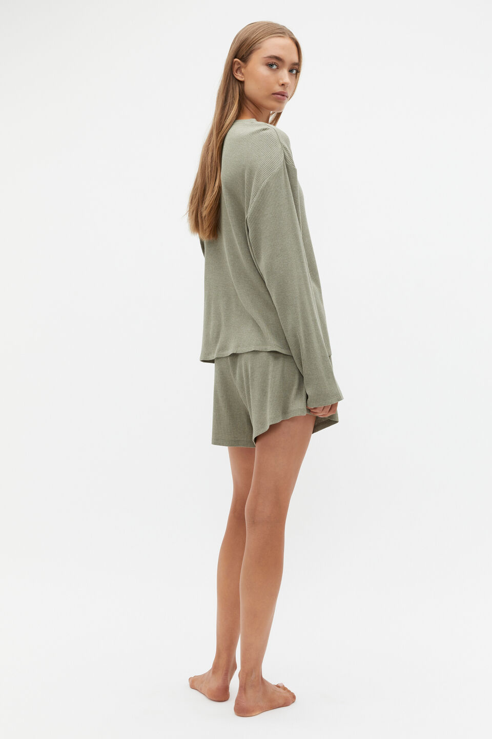 Ribbed Long Sleeve Top And Short PJ Set  Rainforest Marle