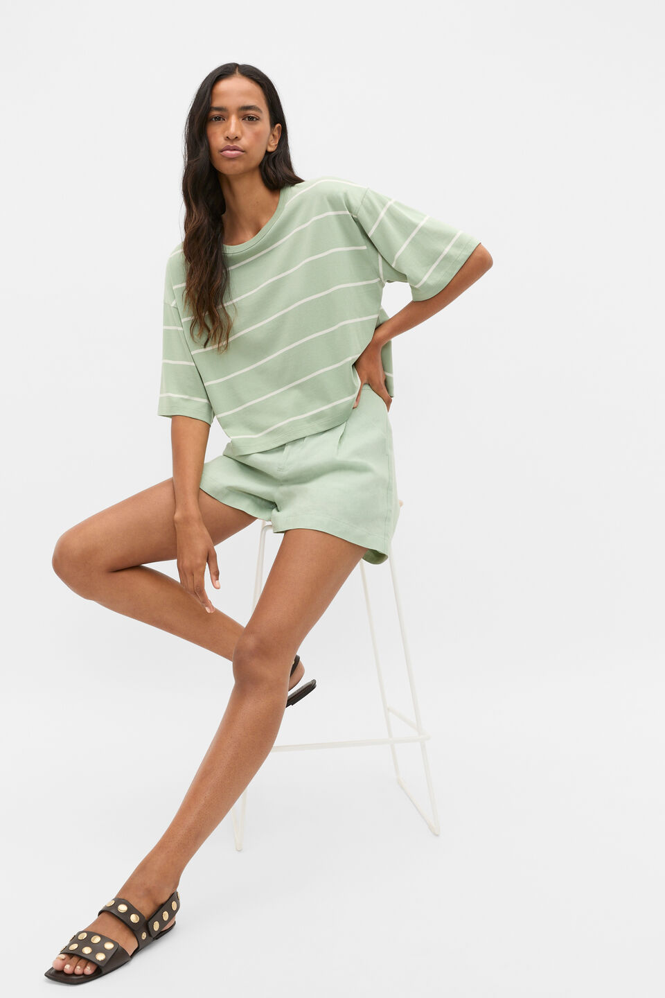 Boxy Draped Tee  Eucalyptus Stripe