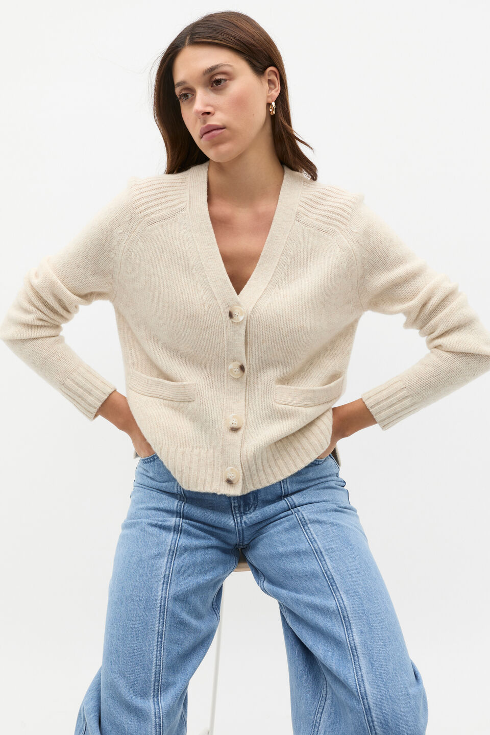 Merino Wool V Neck Pocket Cardigan  Oat Marle