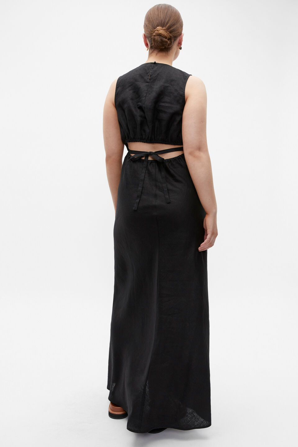 Linen Ruched Side Maxi Dress  Black