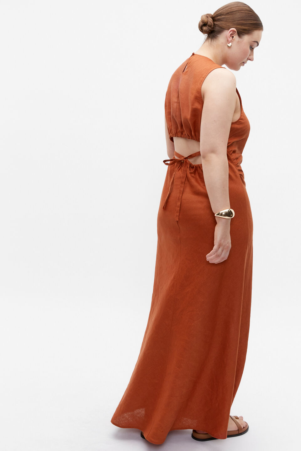 Linen Ruched Side Maxi Dress  Russet