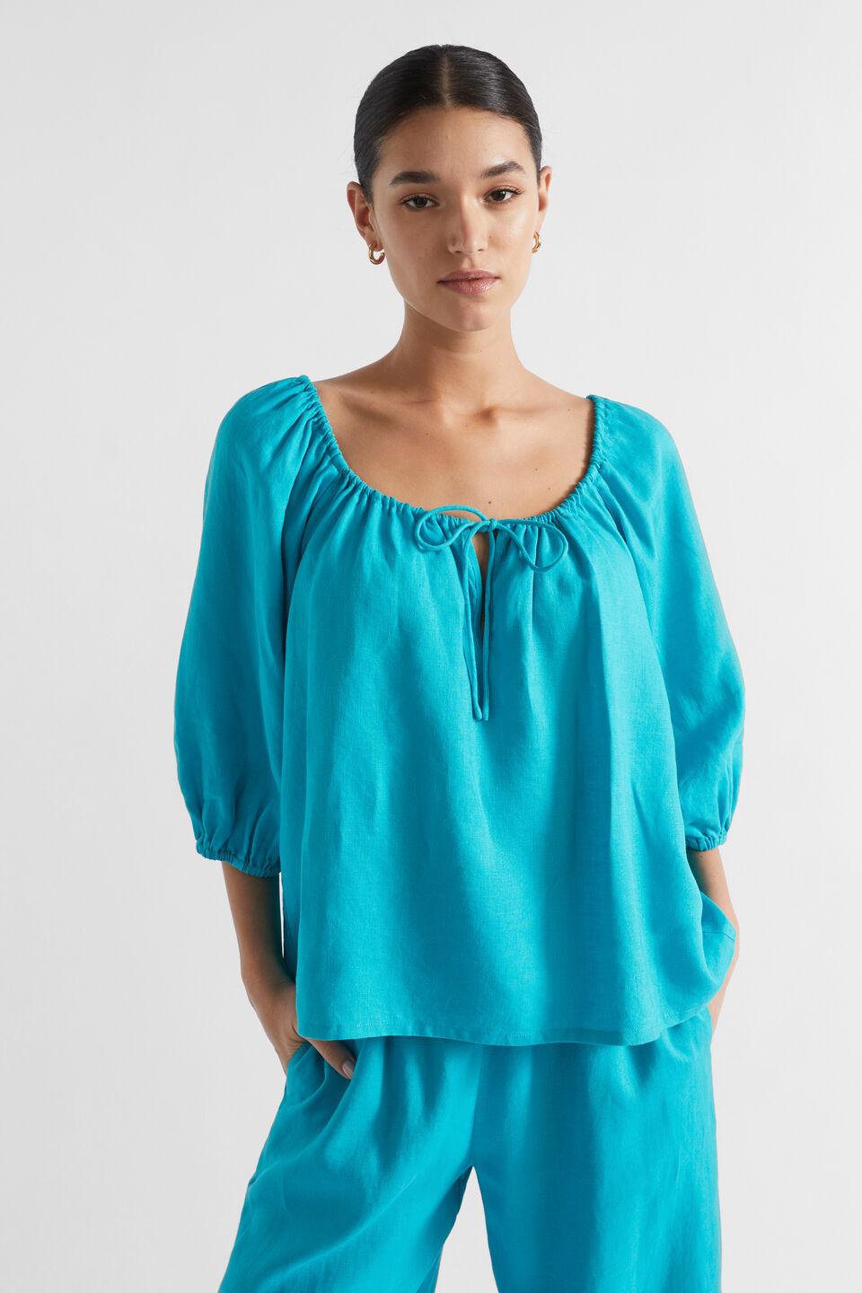 Linen Drawstring Top  Peacock Blue
