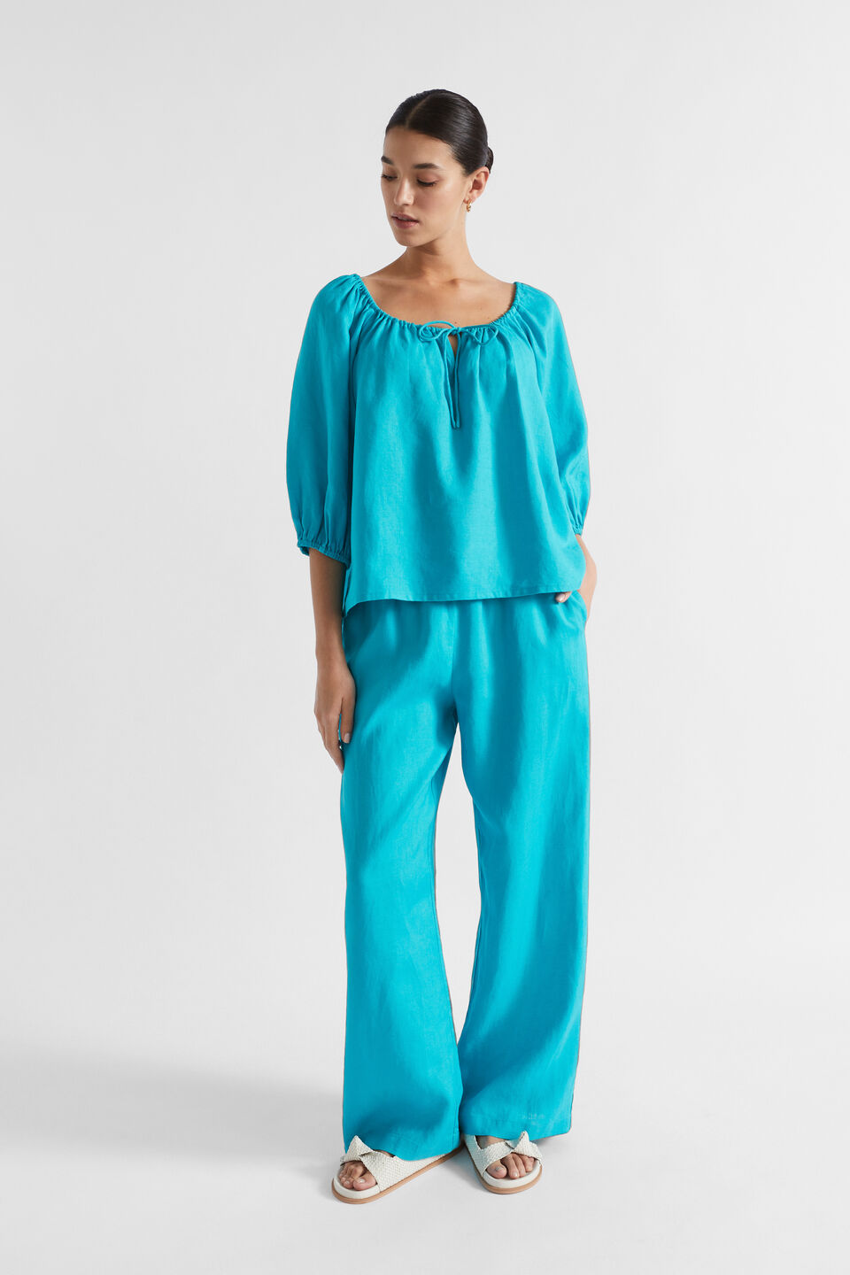 Linen Drawstring Top  Peacock Blue