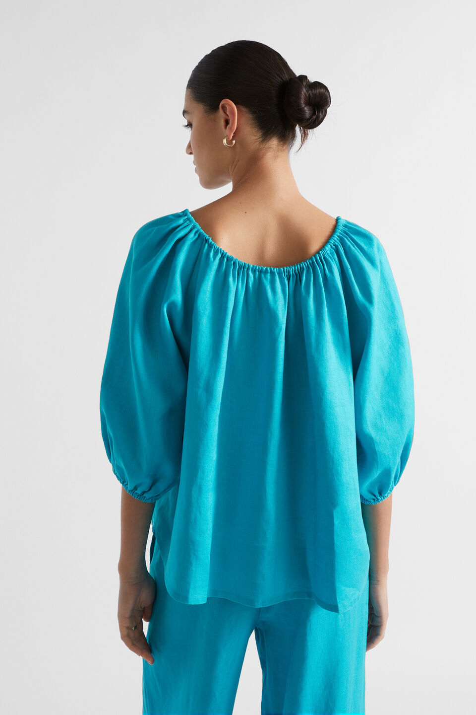 Linen Drawstring Top  Peacock Blue