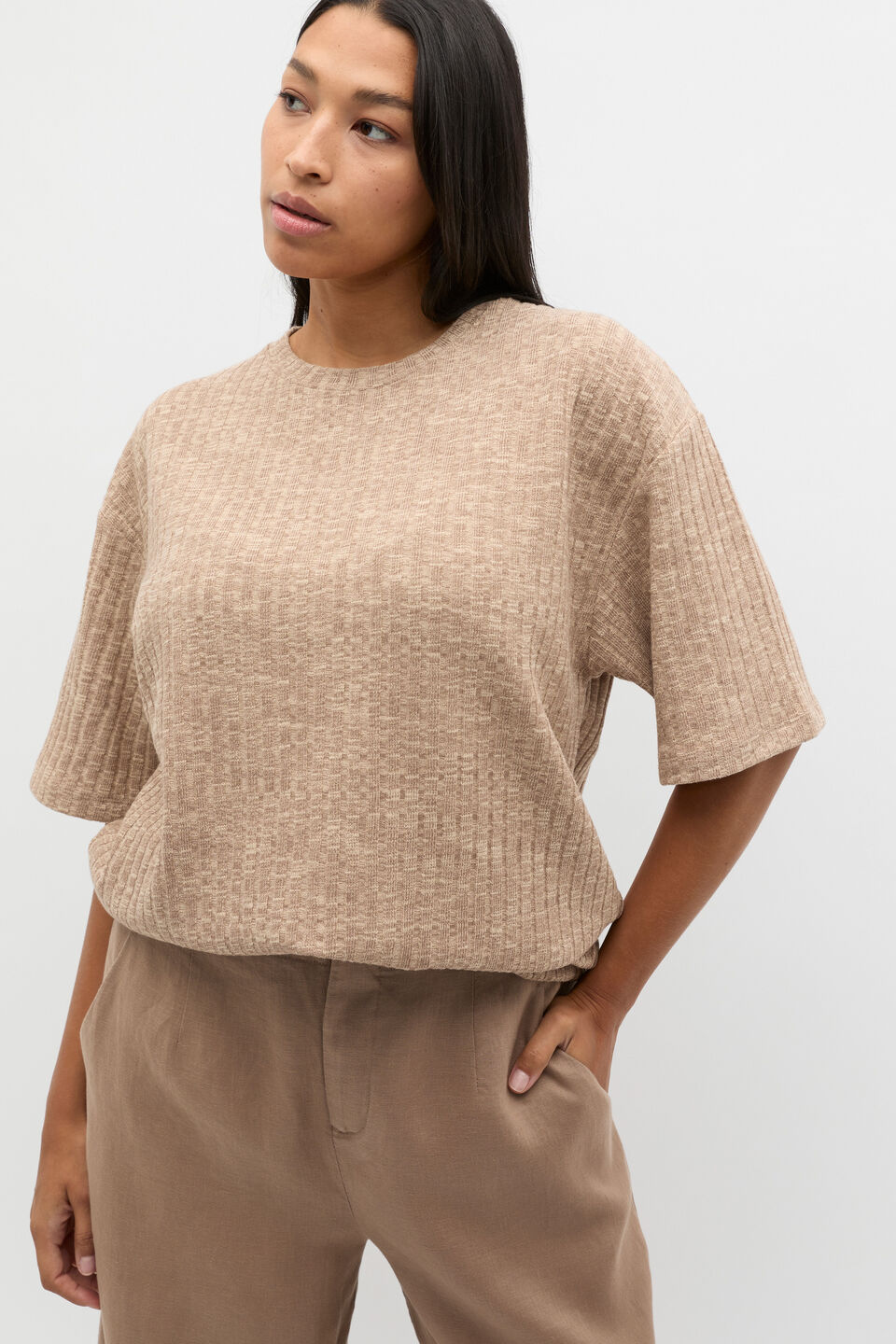 Textured Longline Boxy Tee  Nutmeg Twist