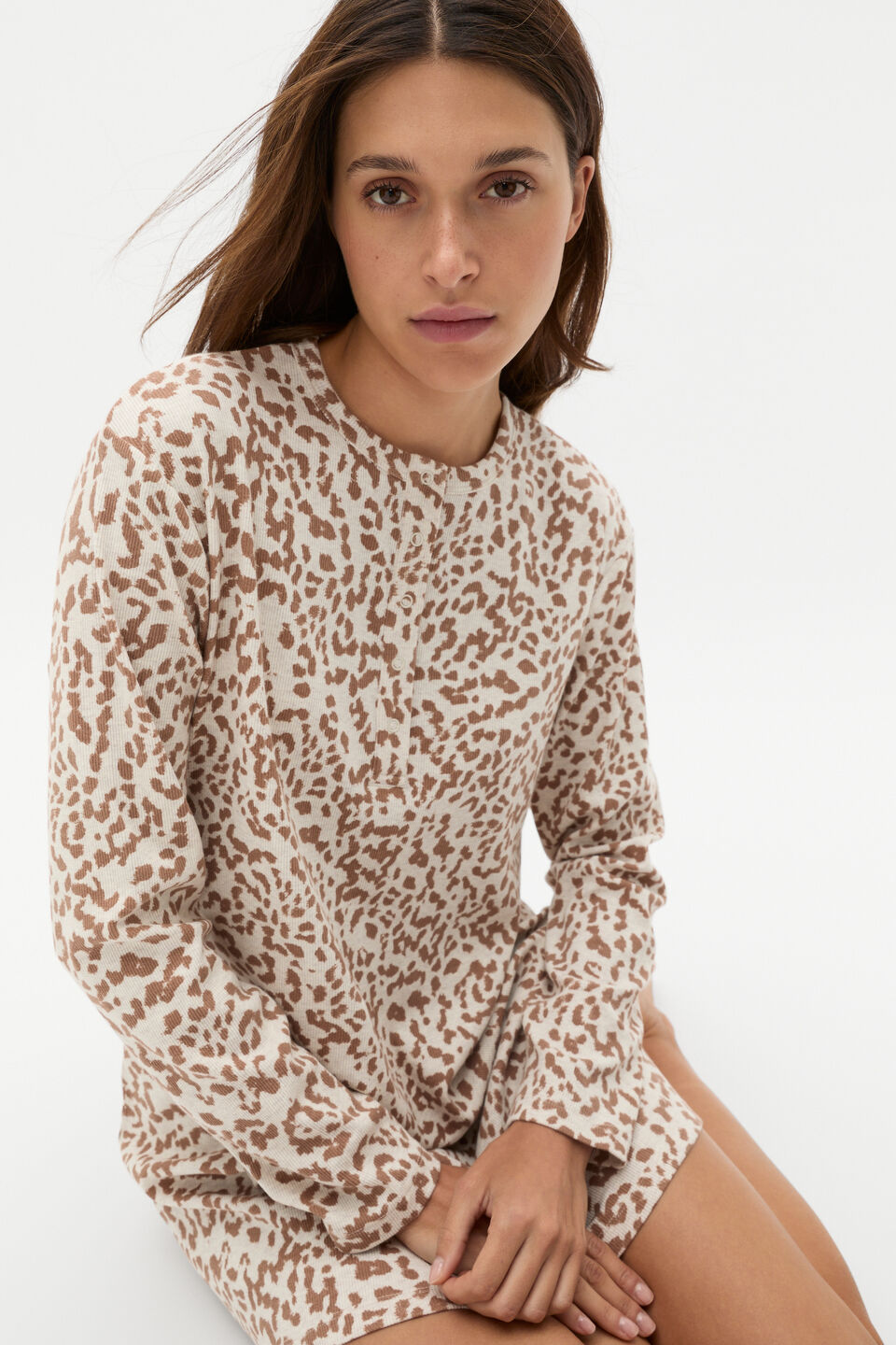 Henley Rib Nightie  Animal Print