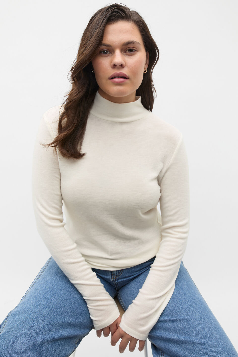 Australian Merino Mock Neck Top  Cloud Cream