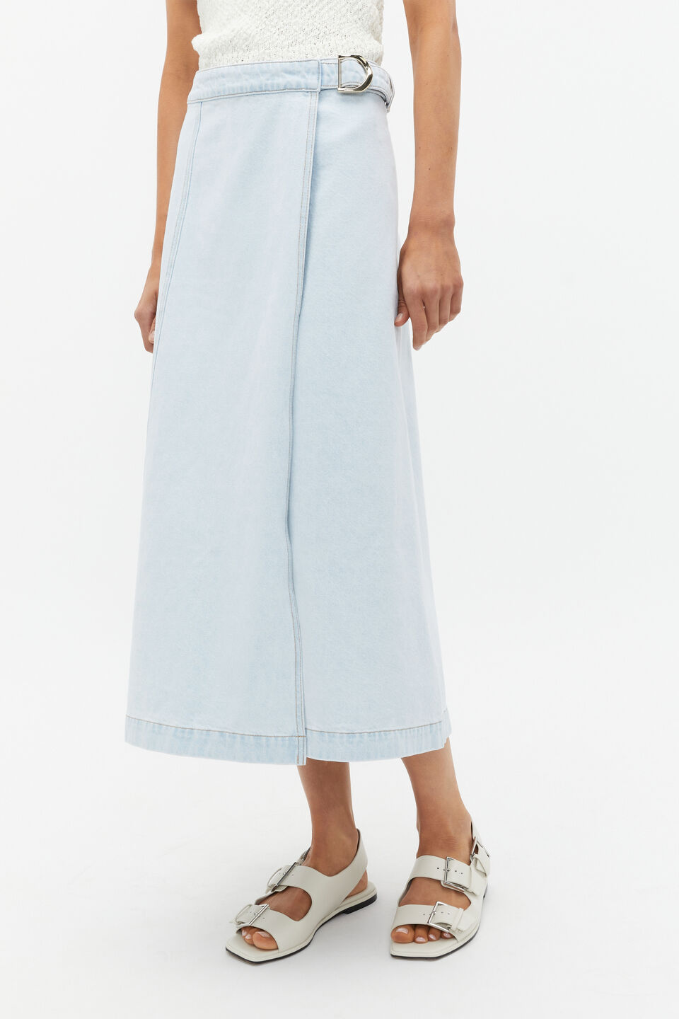 Denim Wrap Front Buckle Skirt  Stone Blue Wash