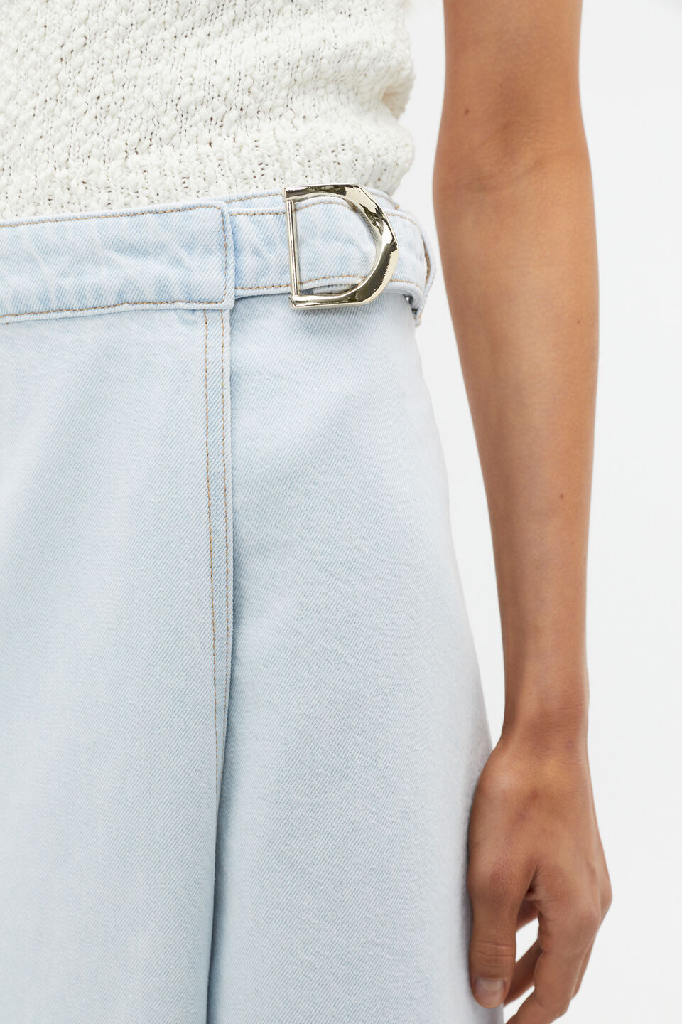 Denim Wrap Front Buckle Skirt  Stone Blue Wash