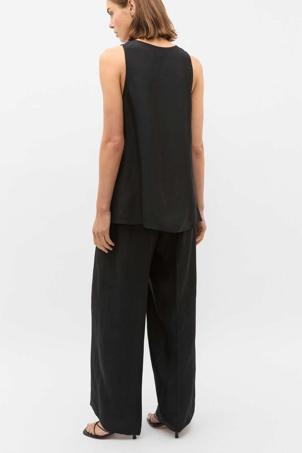 Crinkled Satin Longline Tank  Black