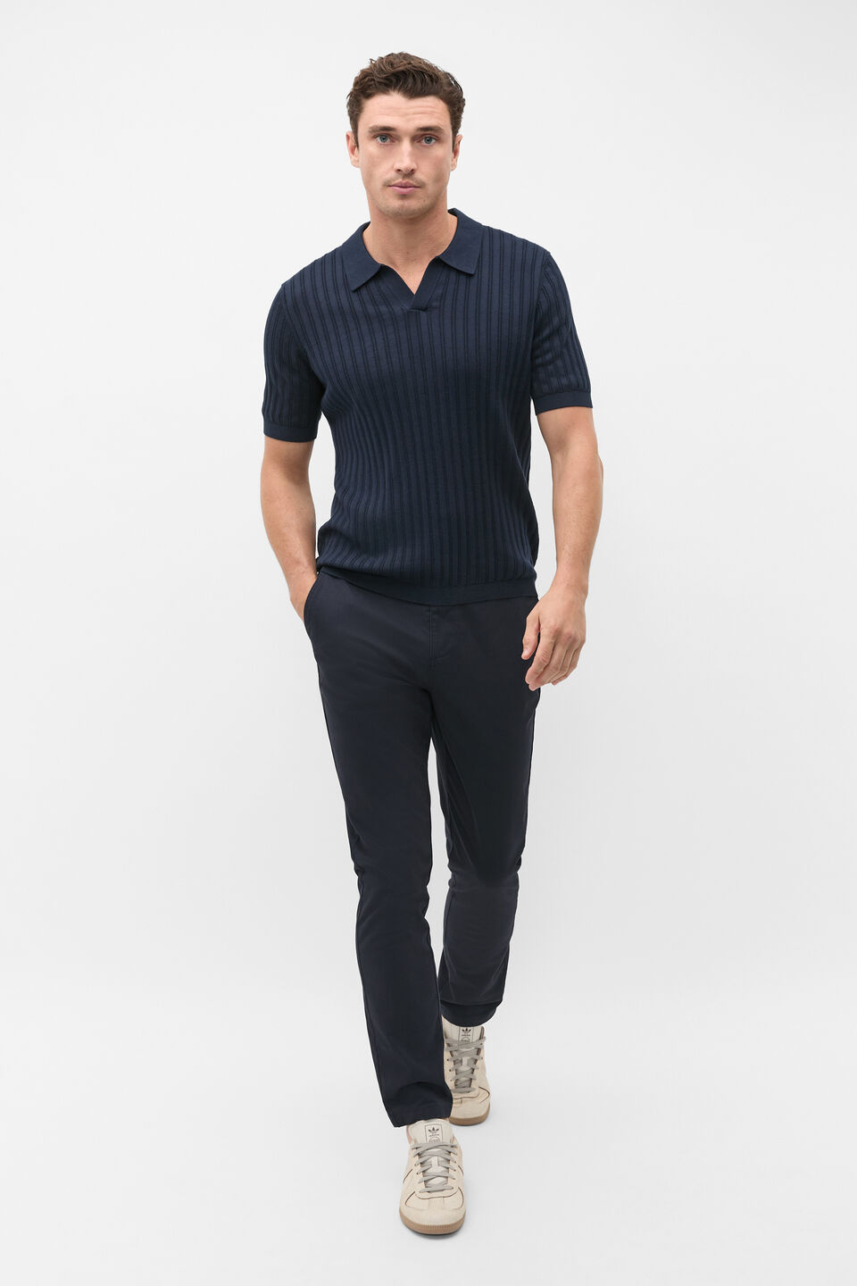 Stripe Cotton Knit Polo  Midnight Blue