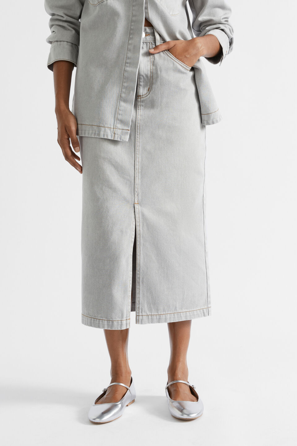 Denim Midi Split Front Skirt  Silver Wash