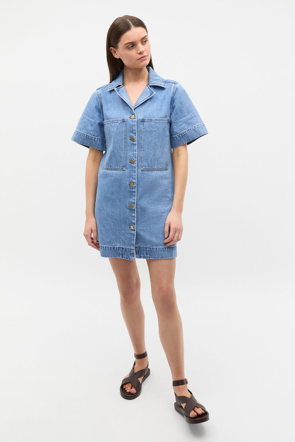 Denim Button Through Mini Dress  Mist Blue Wash