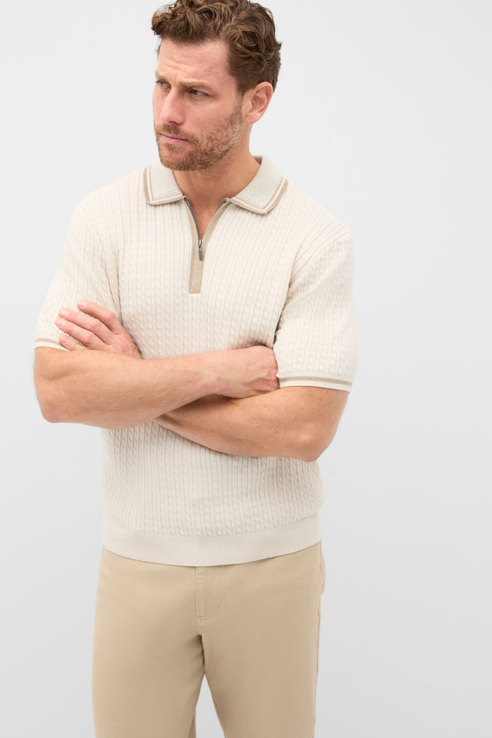 Zipped Cable Knit Polo  Pebble
