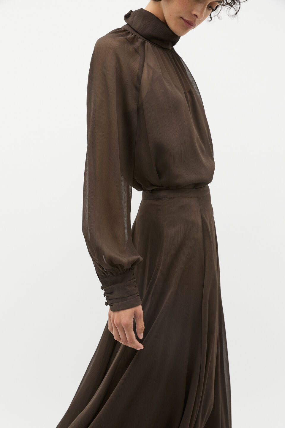 Chiffon Mock Neck Blouse  Dark Espresso