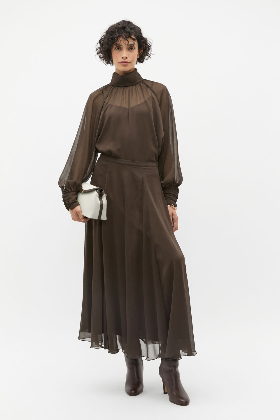 Chiffon Mock Neck Blouse  Dark Espresso