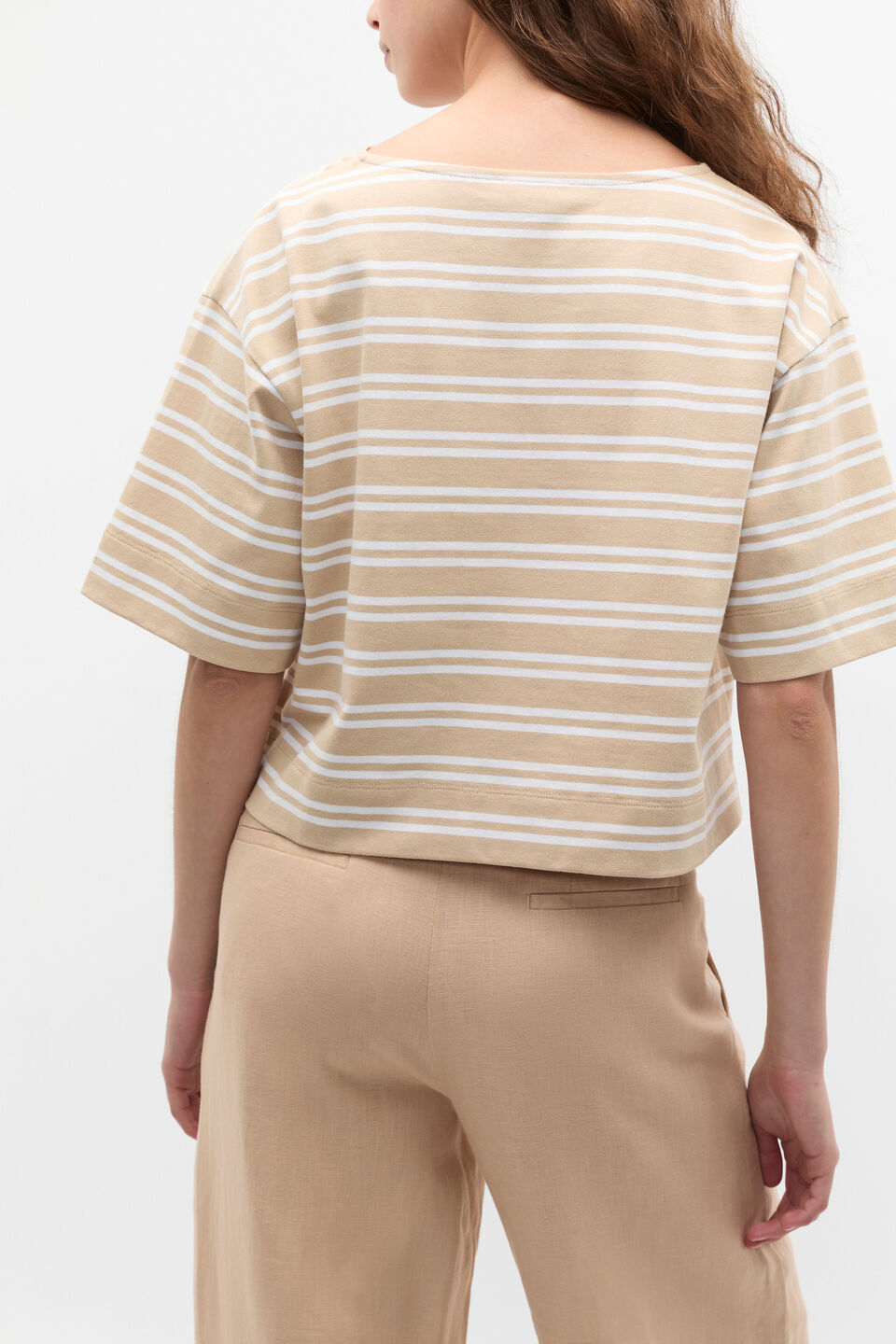 Cotton Boxy Split Hem Tee  Ecru Stripe