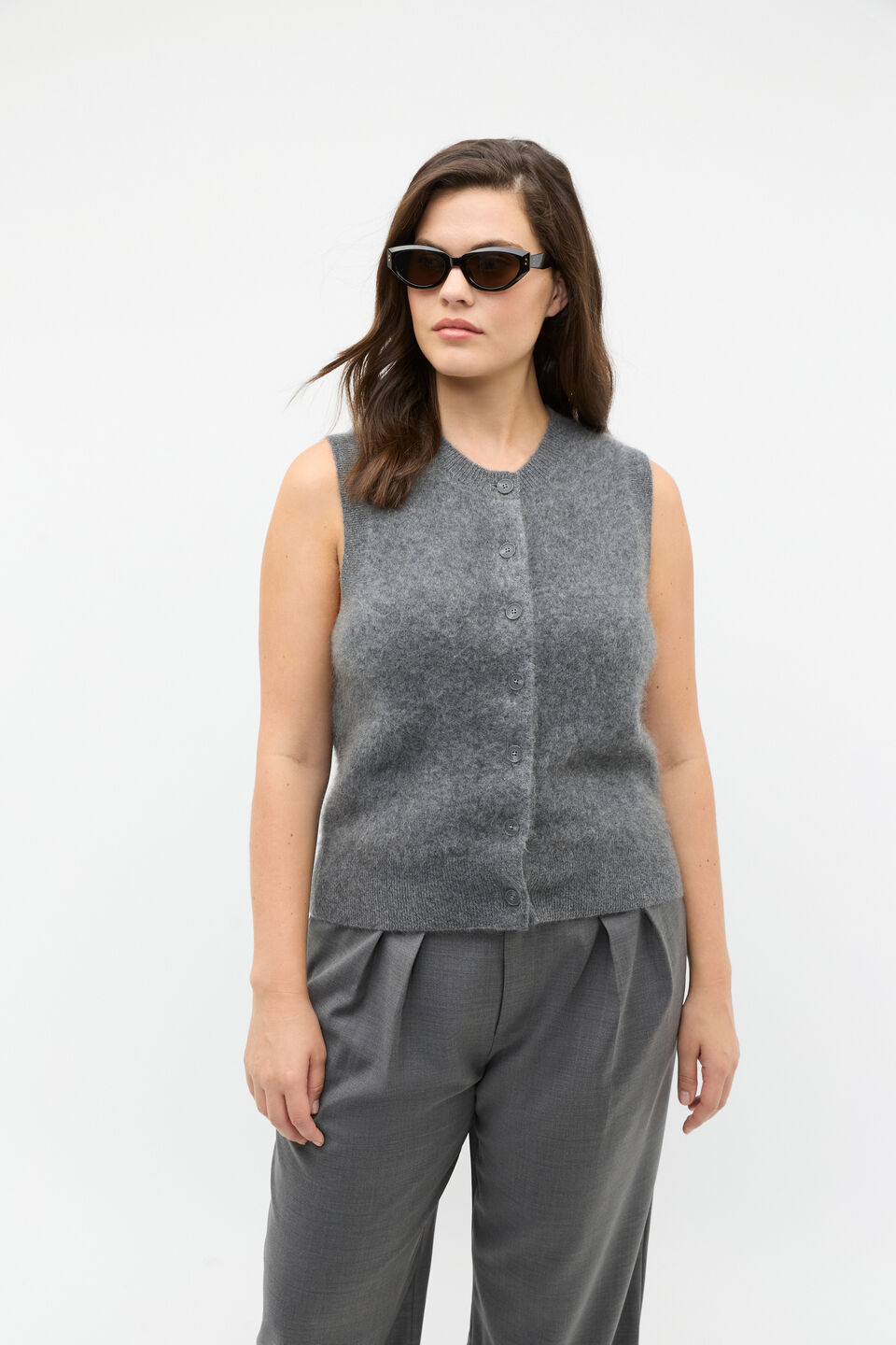 Brushed Cashmere Button Vest  Charcoal Grey Marle