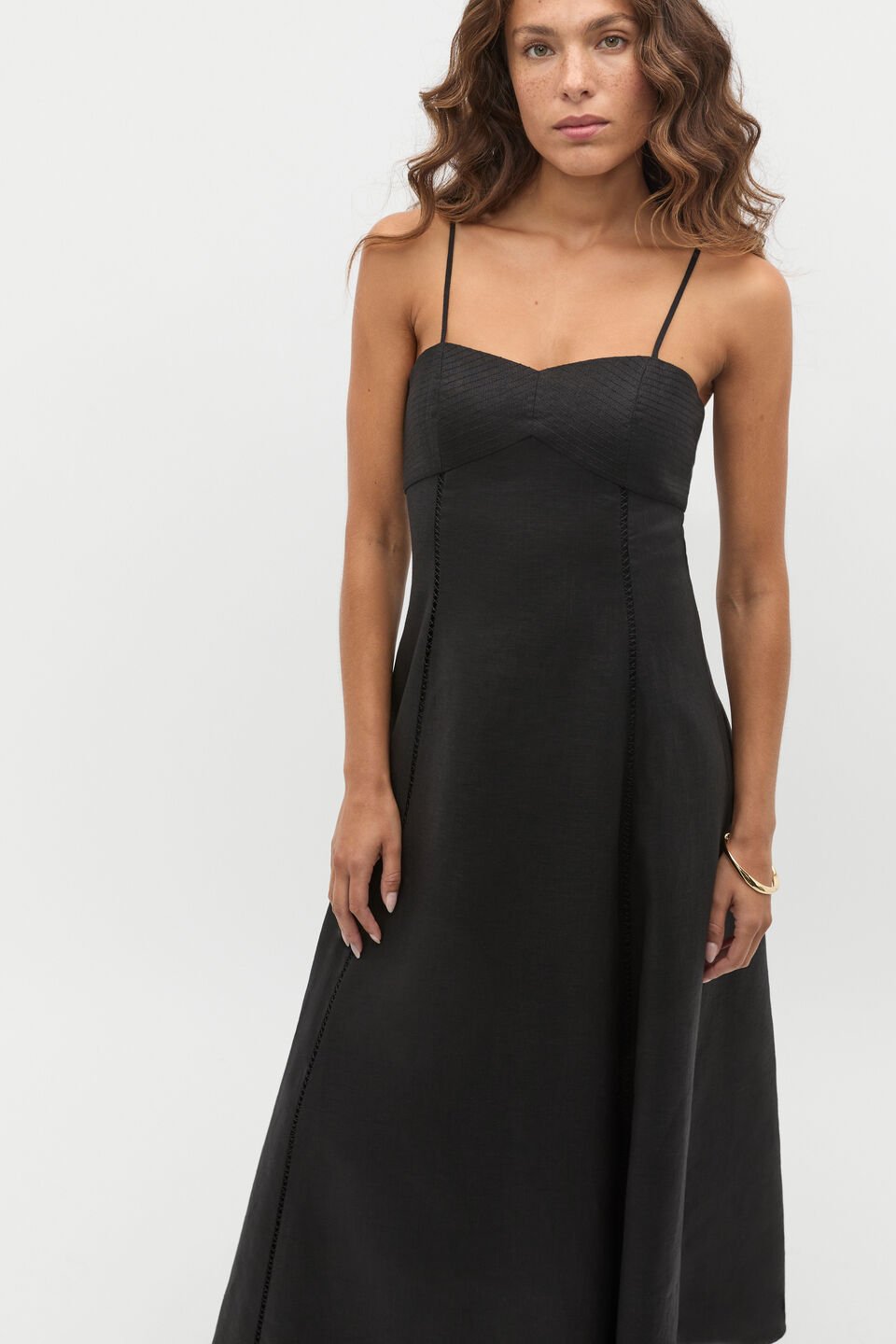 Linen Trim Insert Midi Dress  Black