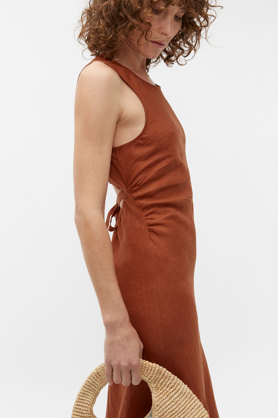 Linen Ruched Side Maxi Dress  Russet