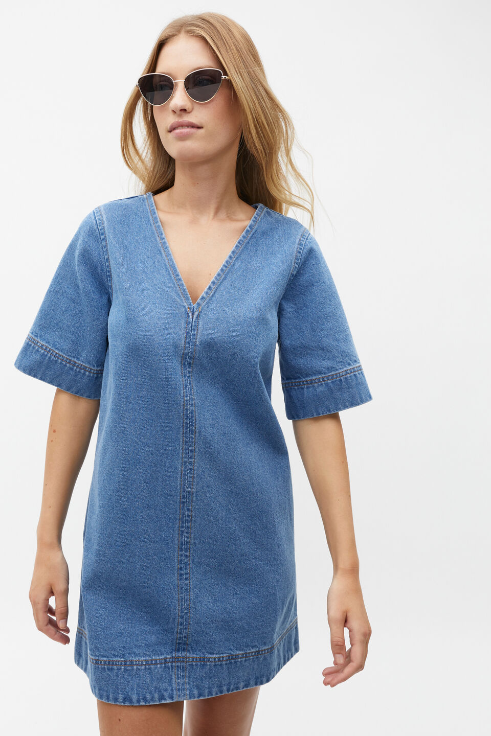 Denim V Neck Mini Dress  Sea Blue Wash