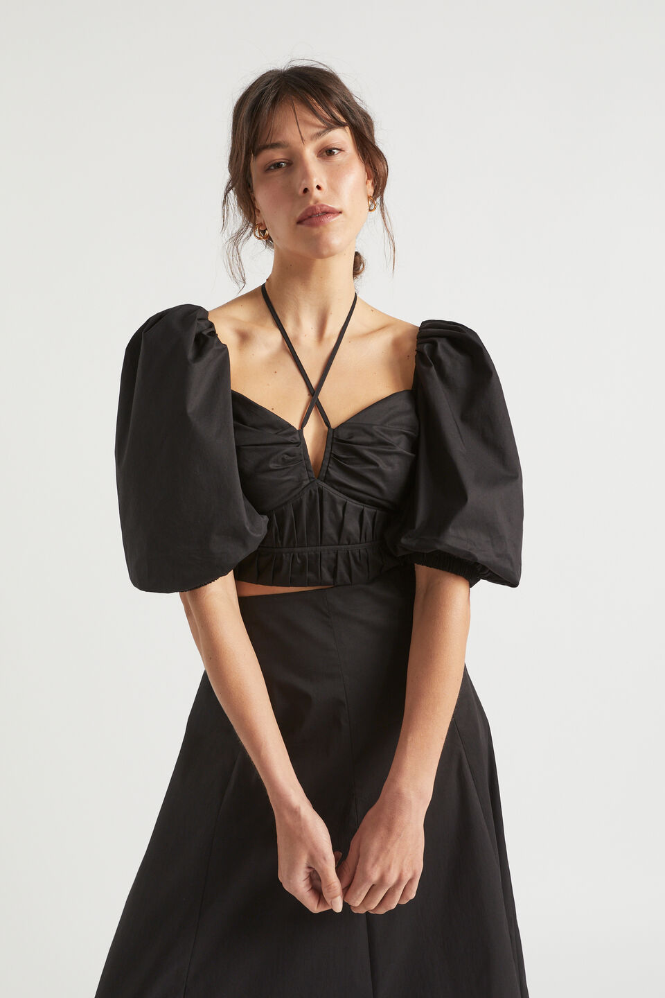 Sateen Tie Neck Top  Black