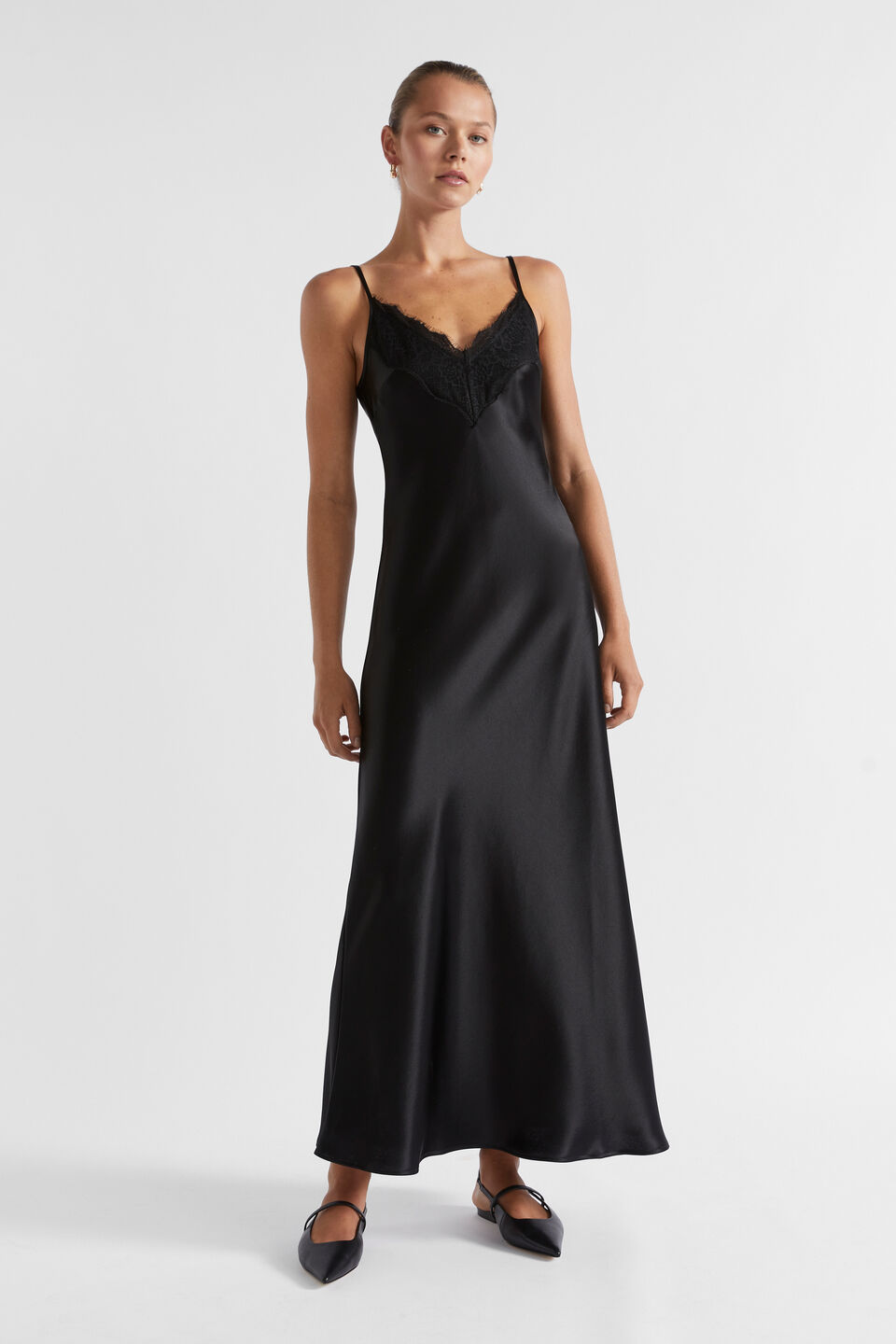 Satin Lace Trim Slip Dress  Black