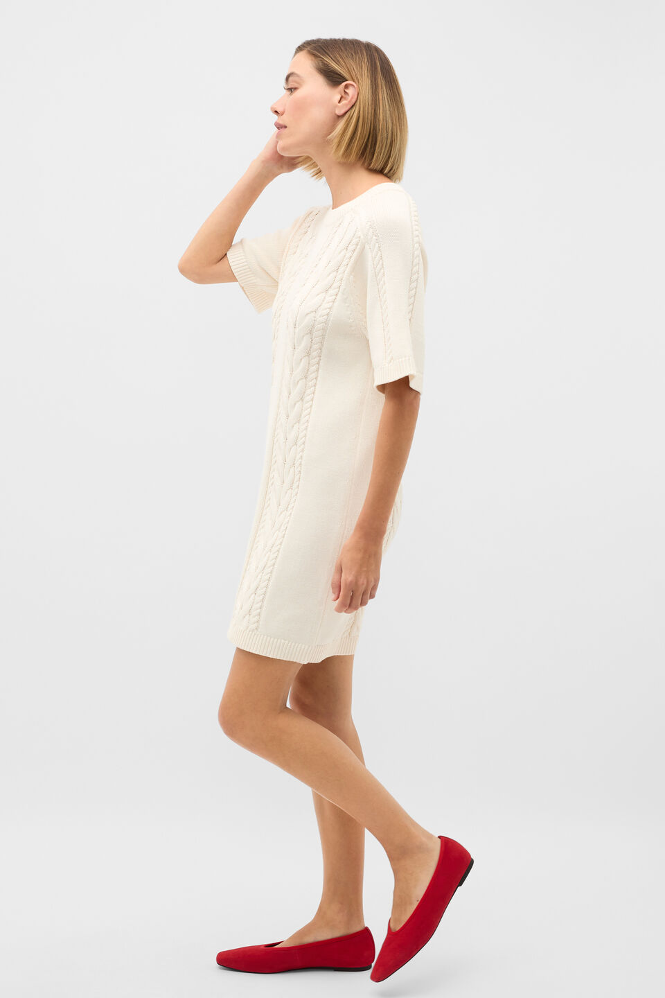 Cotton Cable Knit Mini Dress  Coconut Cream