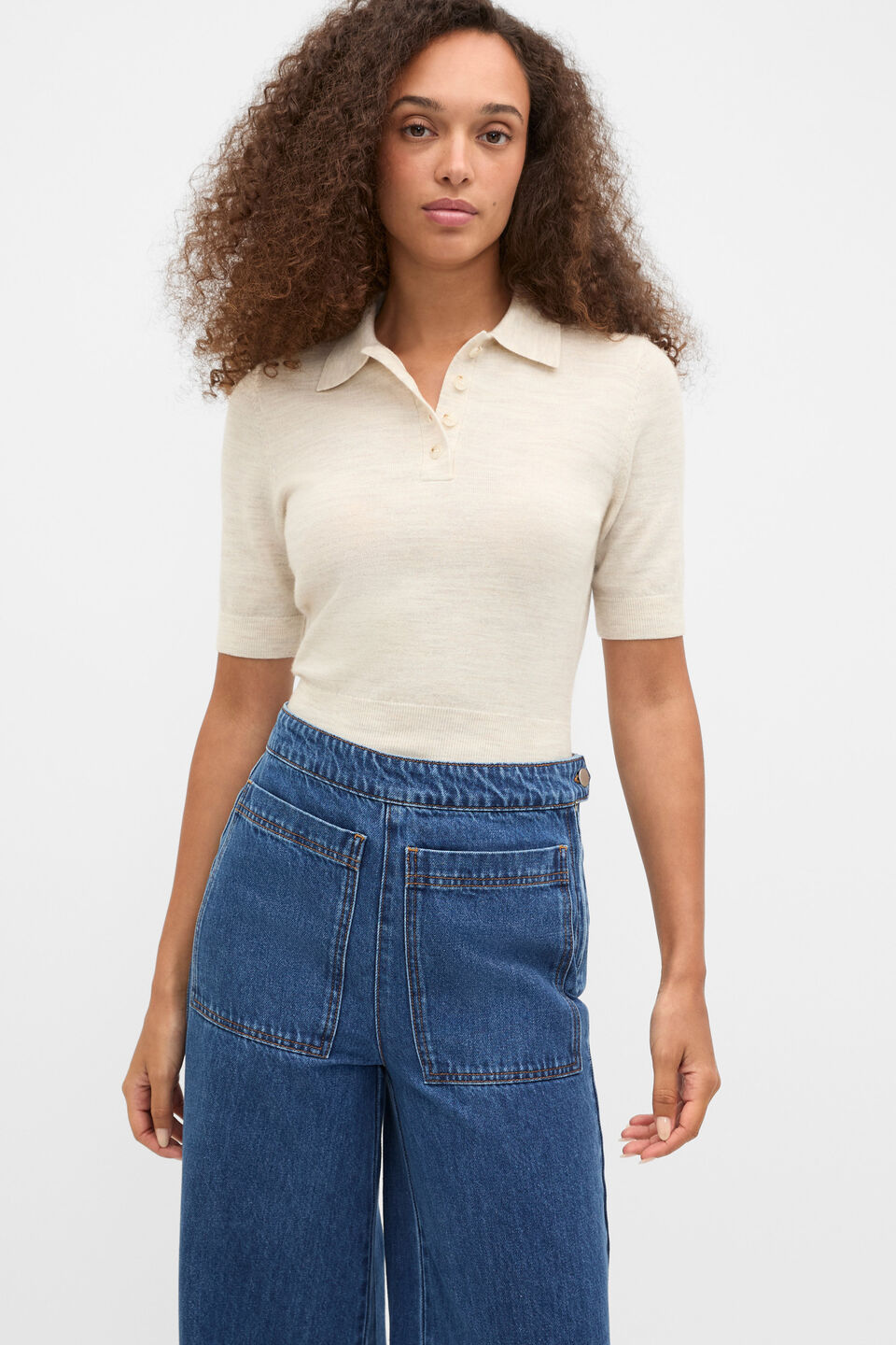 Australian Merino Knit Polo Top  Mist Marle